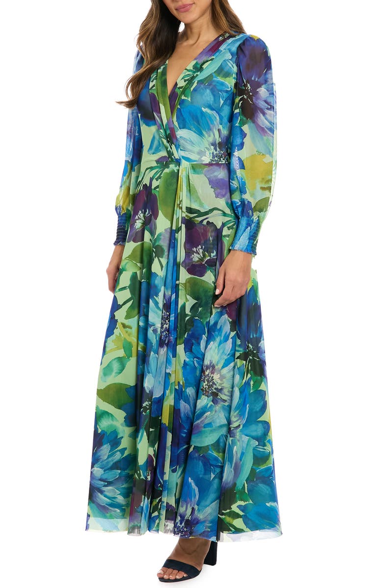 London Times Floral Long Sleeve Mesh Faux Wrap Maxi Dress, Alternate, color, Sage/ Blue