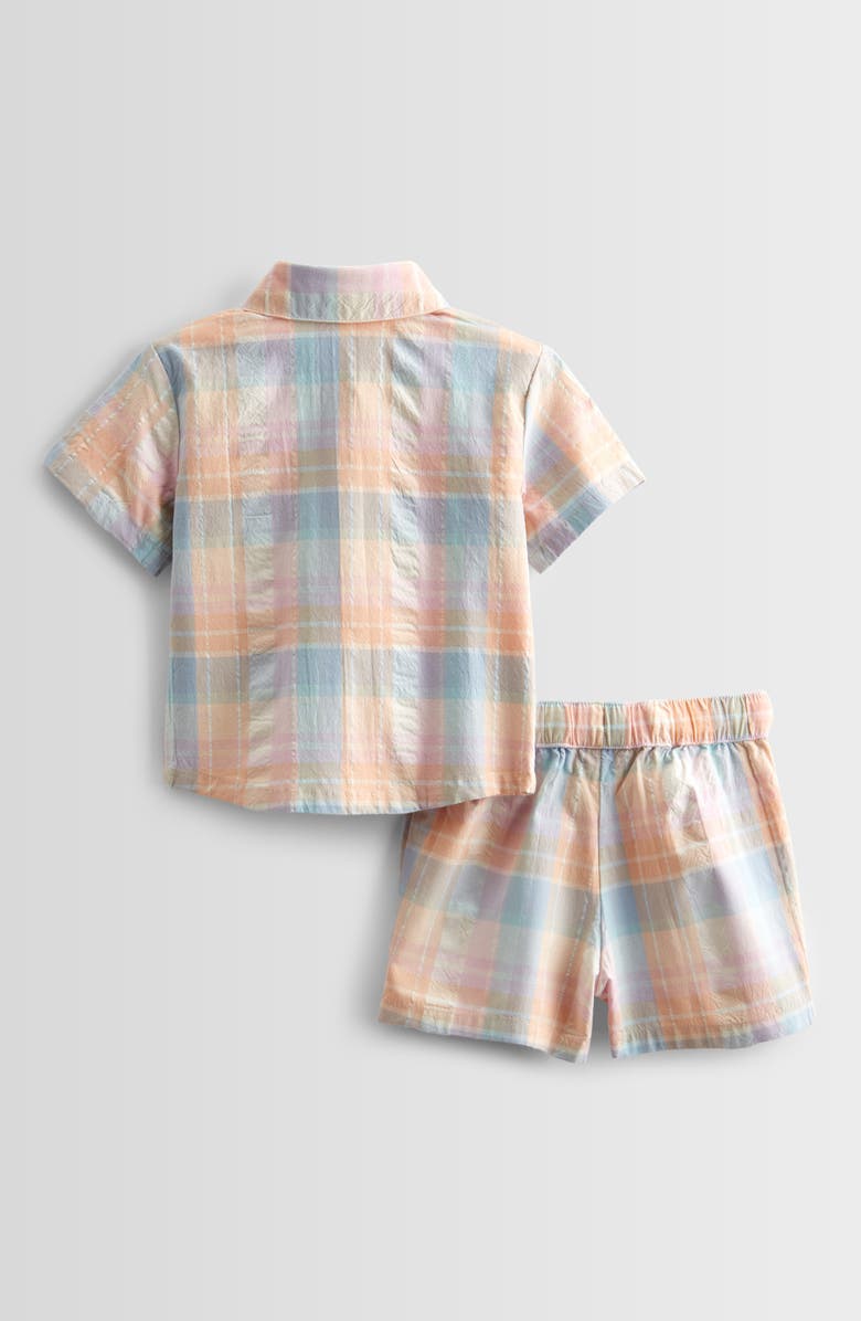Nordstrom Seersucker Short Sleeve Button-Up Shirt & Drawstring Shorts Set, Alternate, color, Coral Playful Plaid