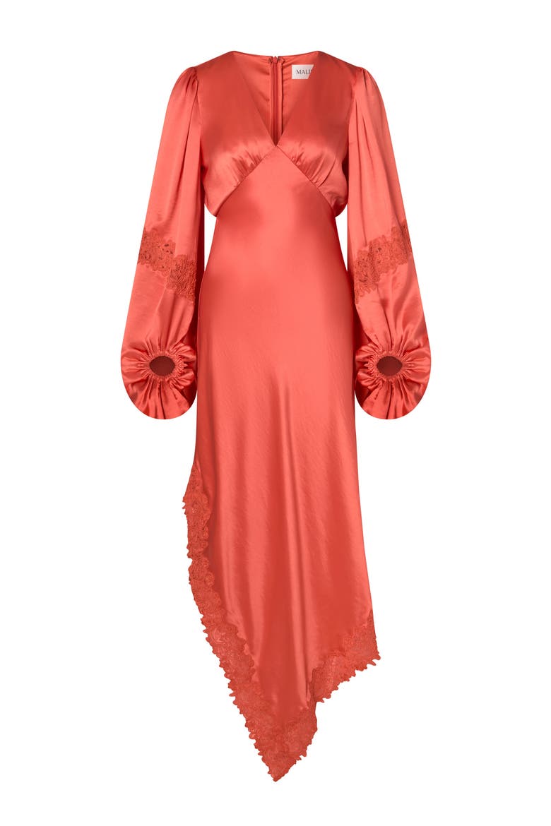 Seema Asymmetric Lace Hem Maxi Dress, Alternate, color, Coral