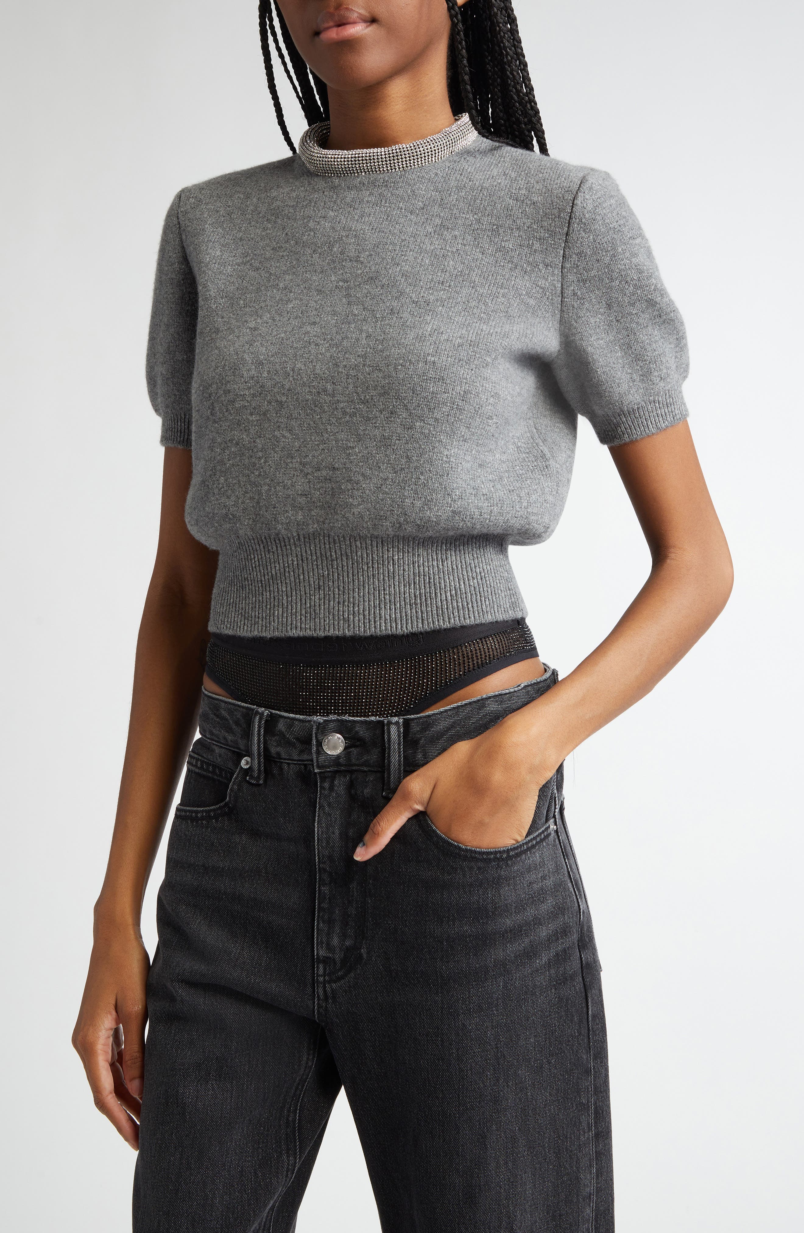 Pull Crop Alexander Wang - Laine/cachemire Ivoire, Col Cristal, Taille XS, Occasion Comme Neuf