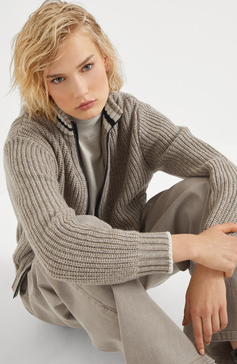 Brunello Cucinelli Cashmere Feather yarn English rib knit cardigan with shiny trims, Alternate, color, 