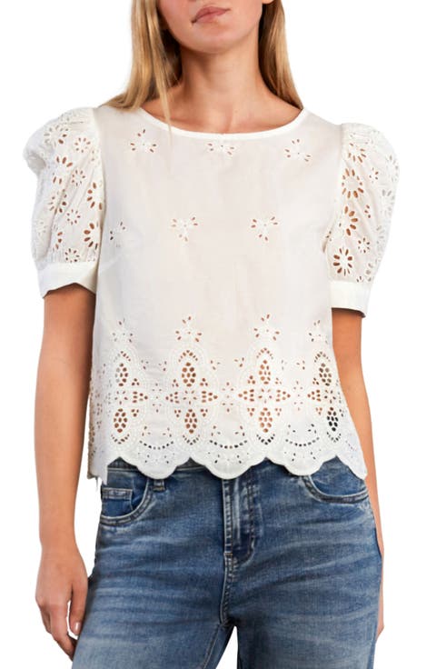 Halo Eyelet Puff Sleeve Cotton Blend Top