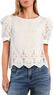 Billy T Halo Eyelet Puff Sleeve Cotton Blend Top