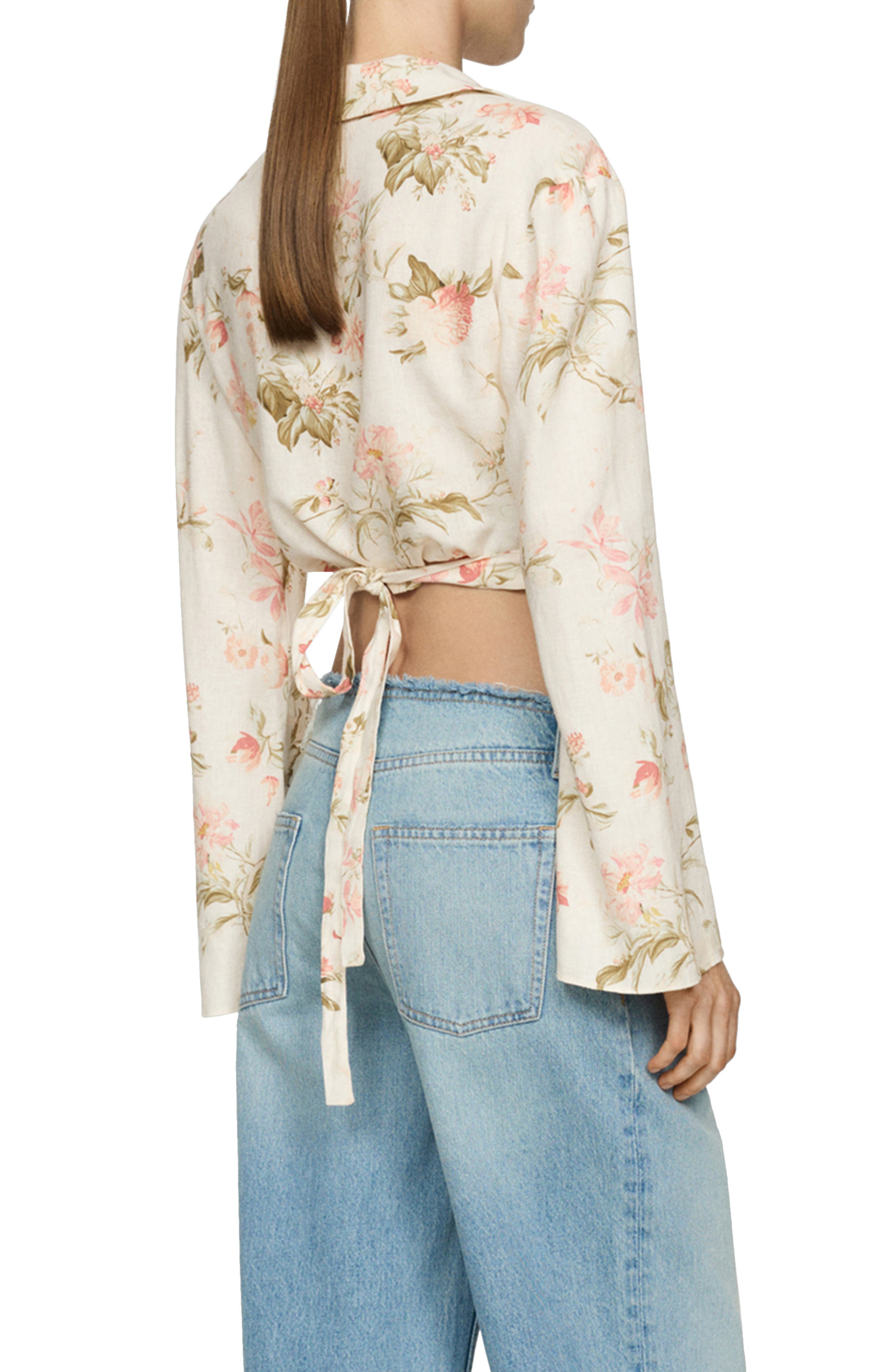Floral Long Sleeve Linen Blend Wrap Top - image 2