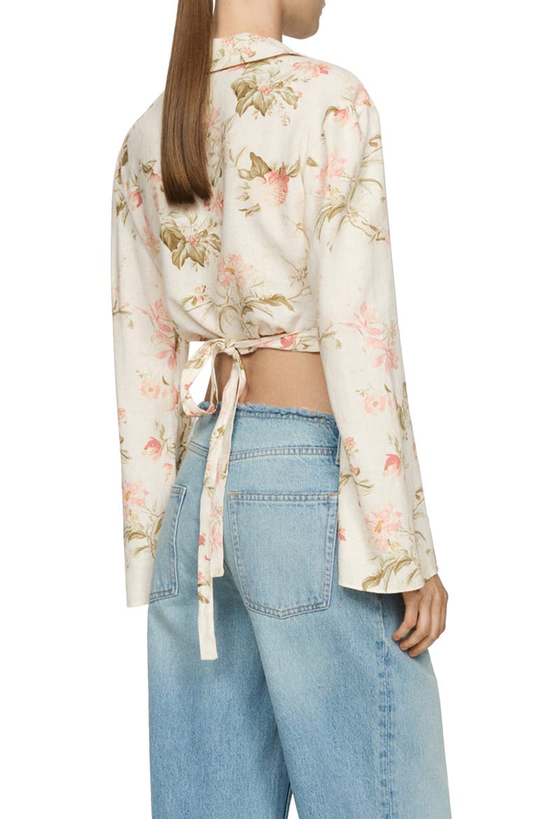 Floral Long Sleeve Linen Blend Wrap Top, Alternate, color, VANILLA