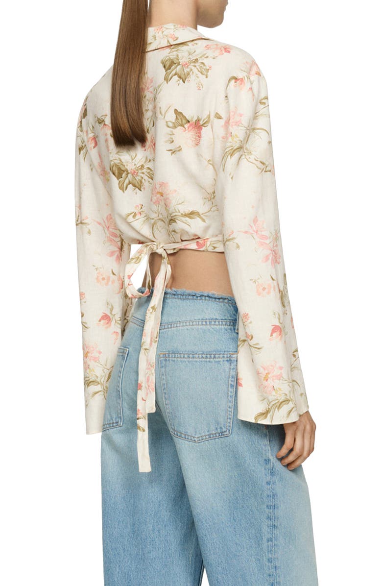 MANGO Floral Long Sleeve Linen Blend Wrap Top, Alternate, color, Vanilla