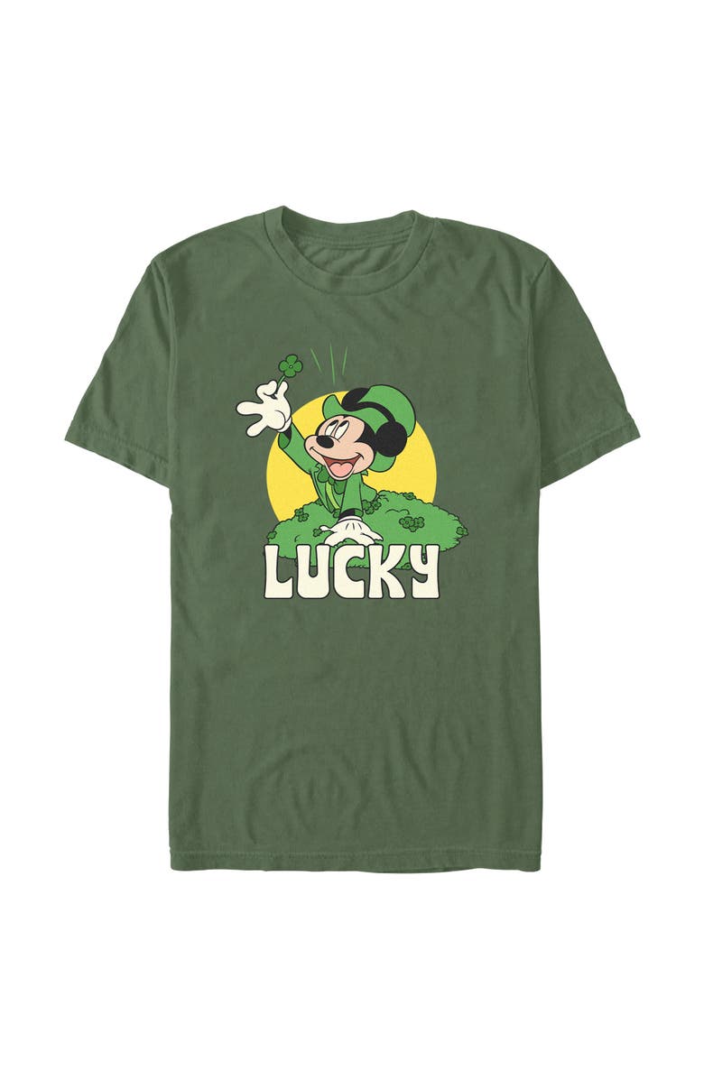 Mickey & Friends Men's Mickey & Friends St. Patrick's Day Mickey Lucky 4 Leaf Clover Graphic T-Shirt, Alternate, color, Moss