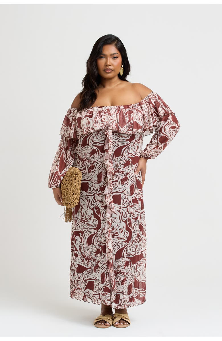 FASHION-SZN CURVE Curve Ruffle Bardot Midaxi Dress, Main, color, Brown