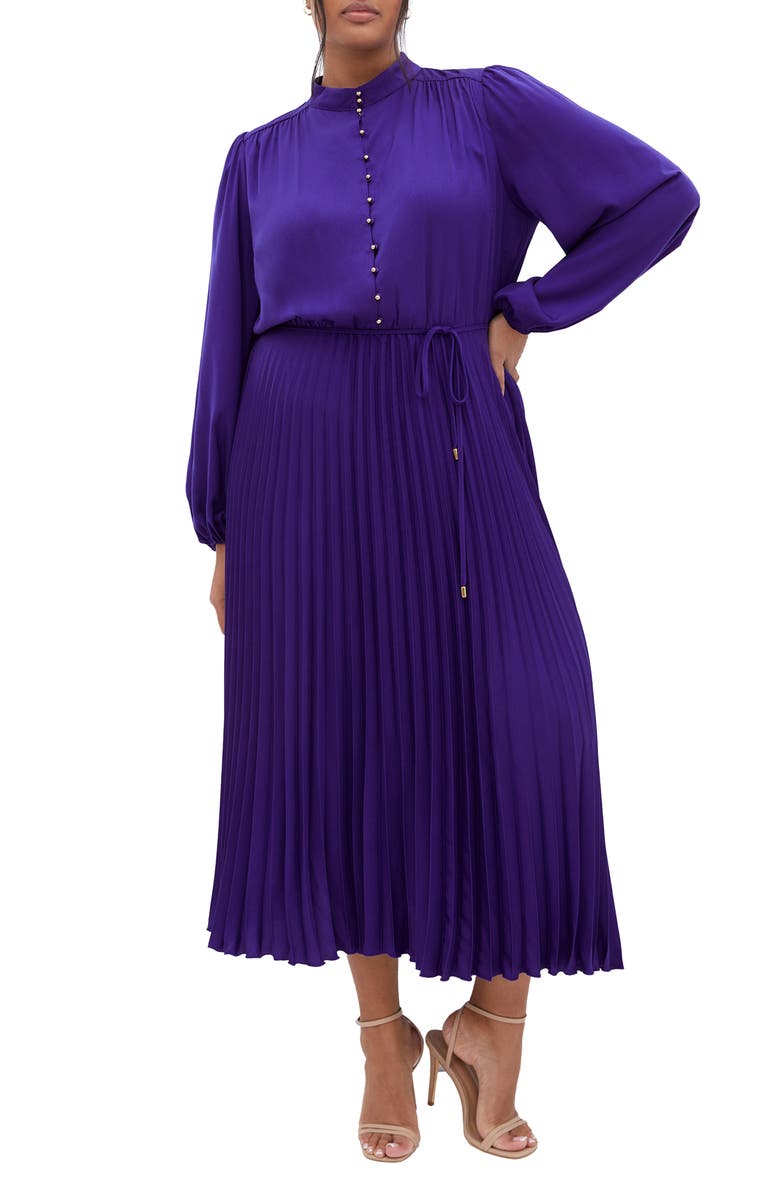 City Chic Oasis Long Sleeve Pleated Dress, Main, color,