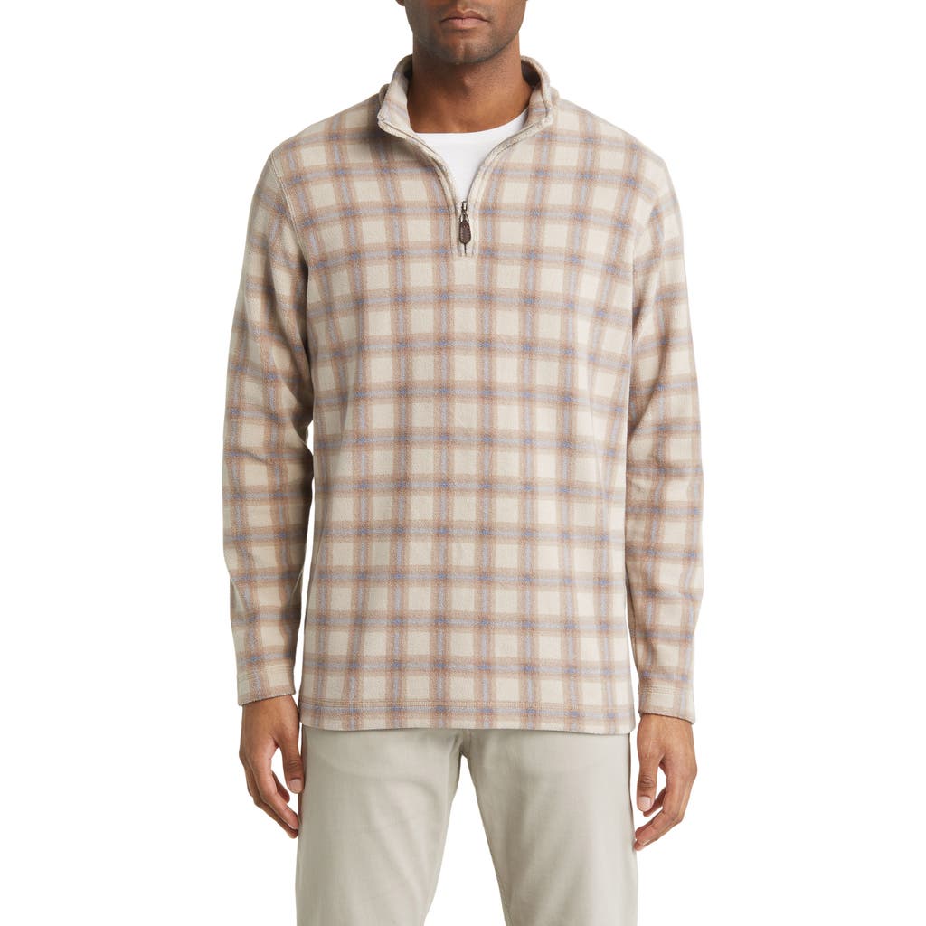 Johnston & Murphy Plaid Print Fleece Quarter Zip Pullover in Brown/Blue Plaid