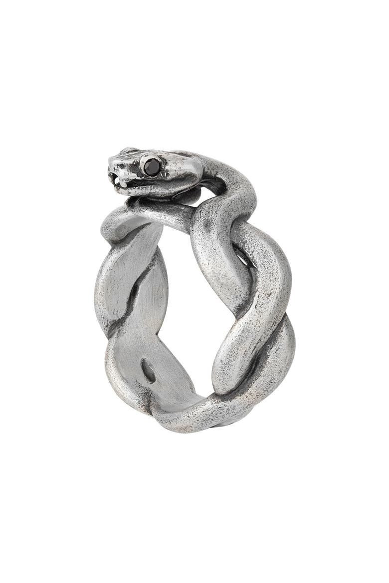 Men's Black Diamond Snake Ring, Main, color, SILVER