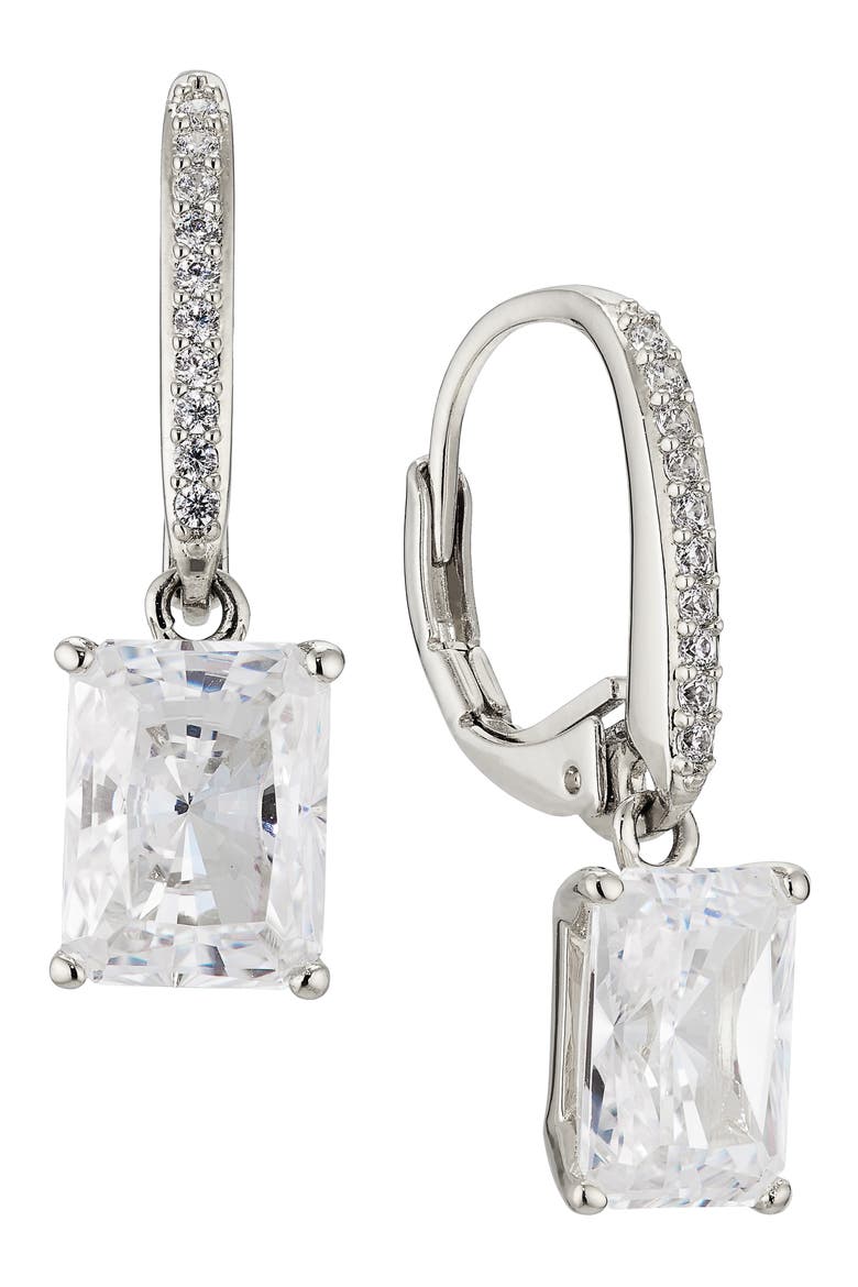 Modern Luv Emerald Cut Cubic Zirconia Drop Earrings, Main, color, RHODIUM