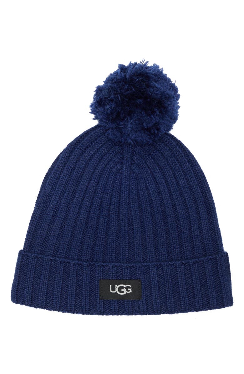 UGG<sup>®</sup> Kids' Ribbed Wool Blend Pompom Beanie, Main, color, Navy