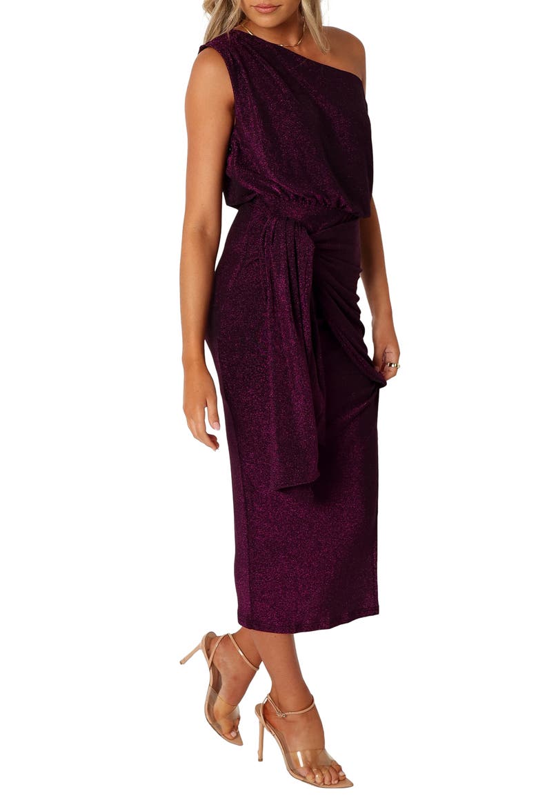 Santiago Metallic Side Tie One-Shoulder Midi Dress, Alternate, color, PURPLE