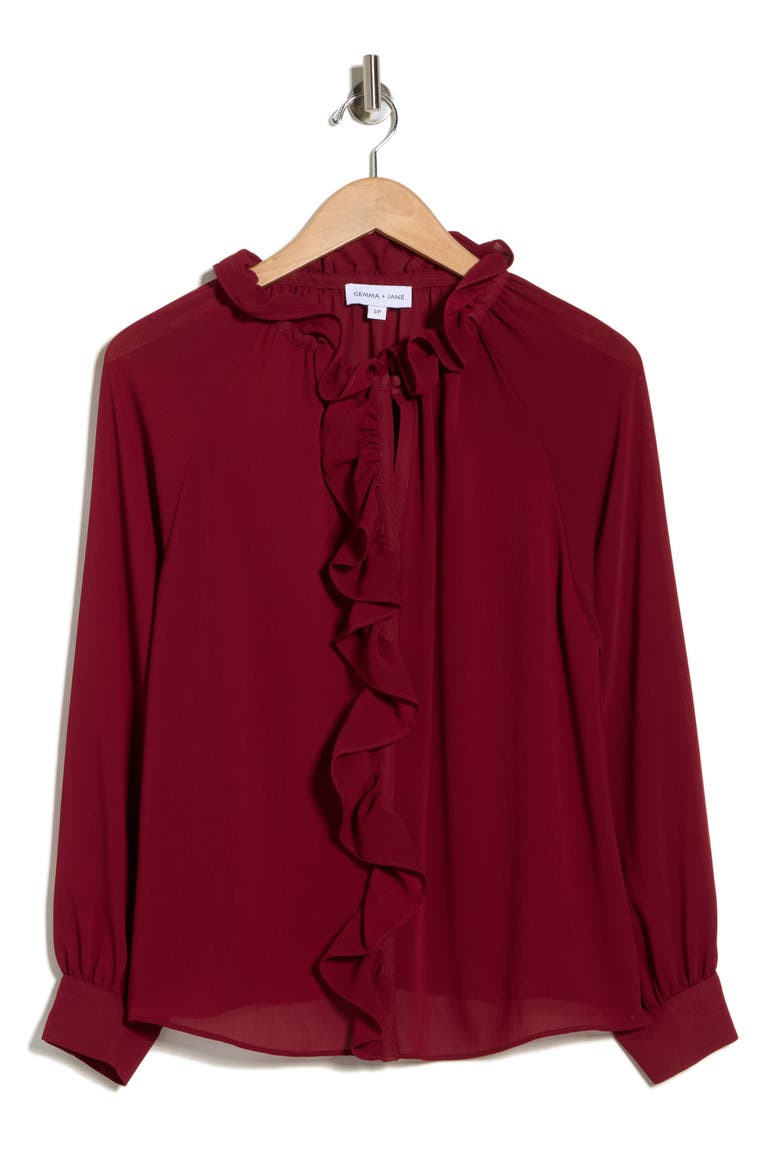 Ruffle Long Sleeve Top, Alternate, color, WINE