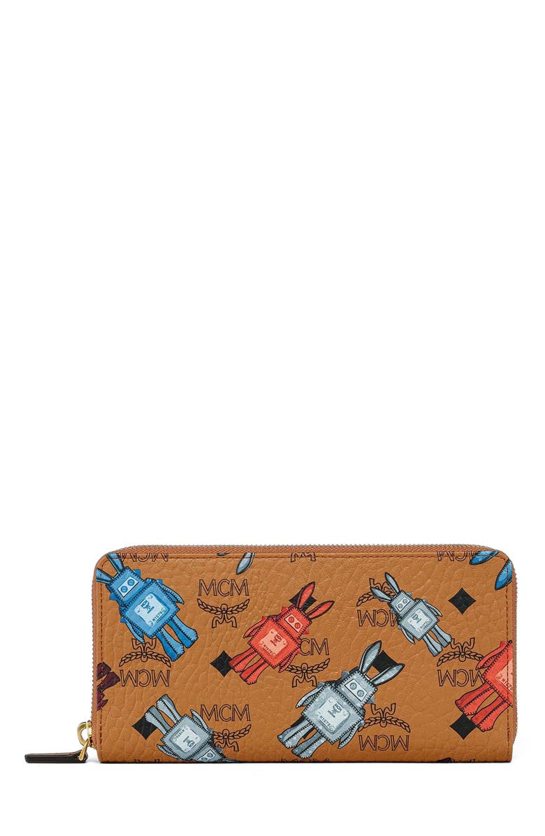 MCM Aren Zip Around Wallet in Rabot Visetos, Main, color, Cognac