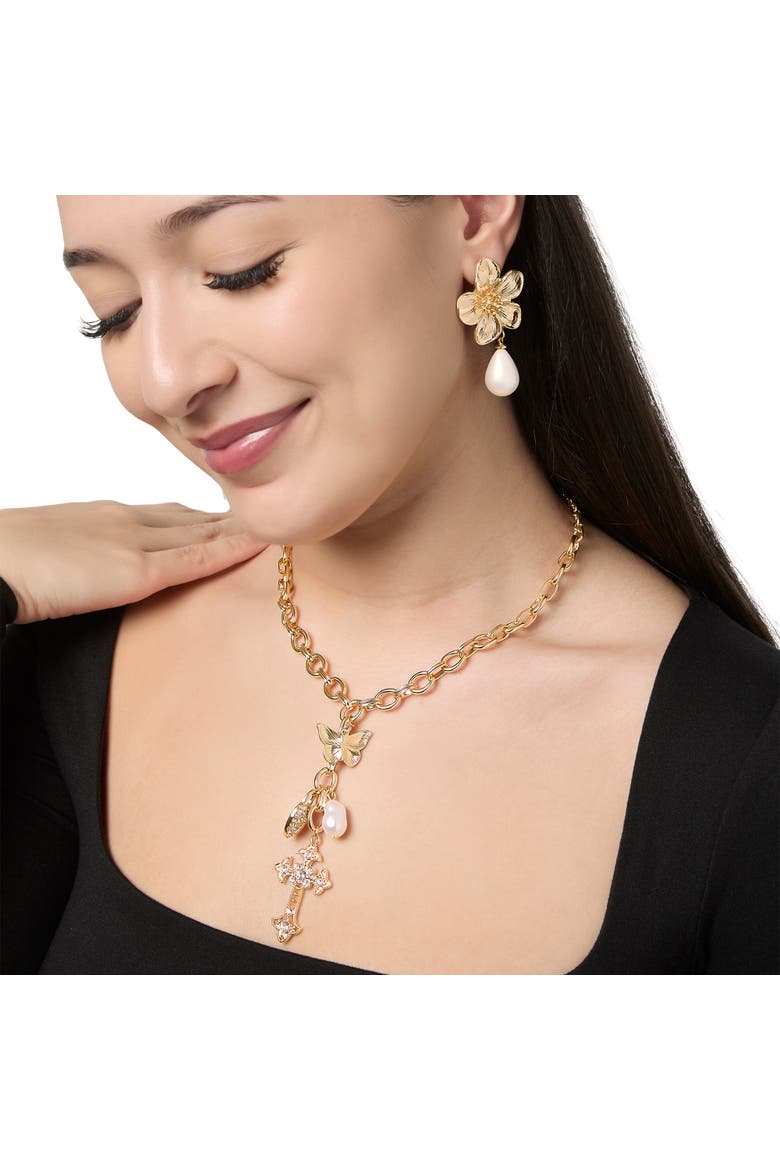 Gold-Tone Flower Earrings with Dangling Faux Pearl, Drop Earrings for Women, Alternate, color, Gold tone