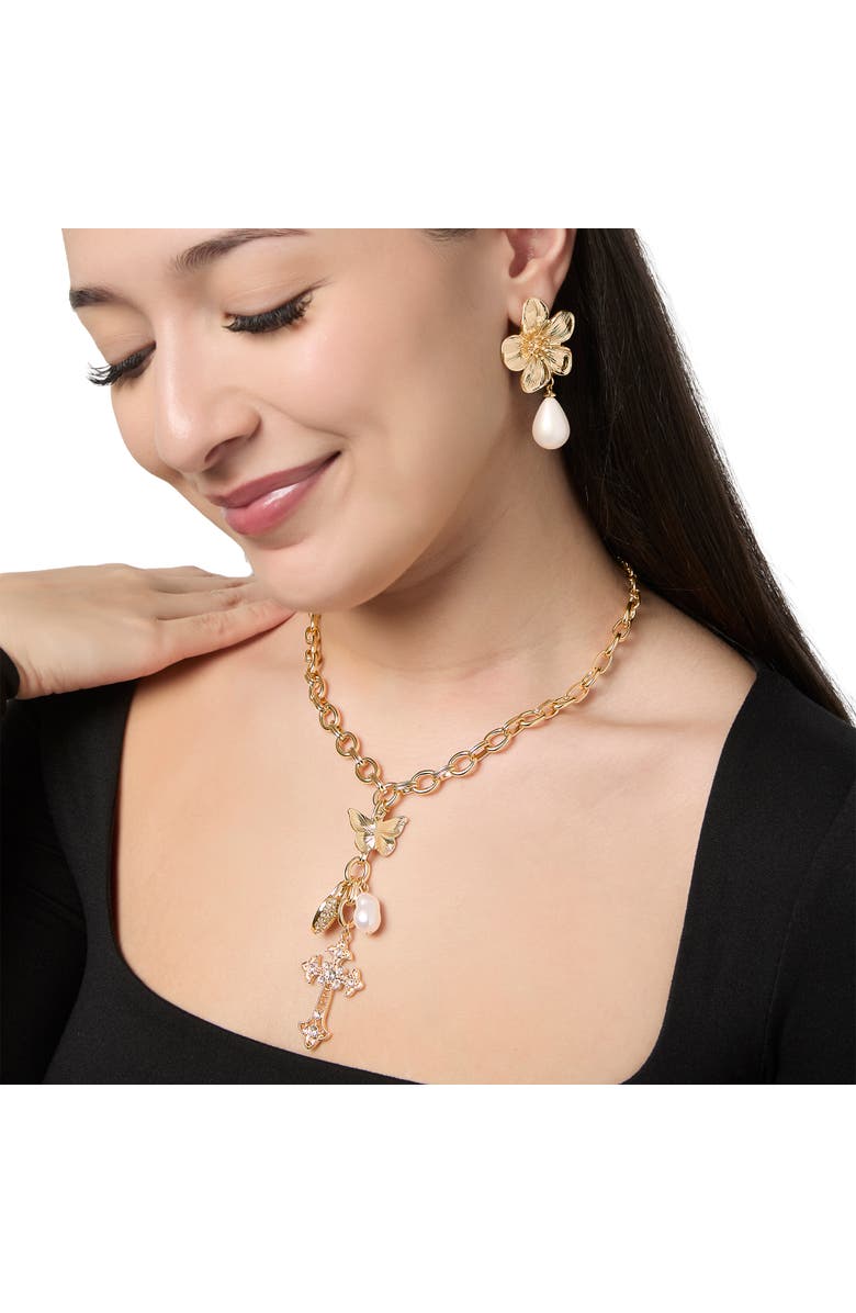 Jessica Simpson Gold-Tone Flower Earrings with Dangling Faux Pearl, Drop Earrings for Women, Alternate, color, Gold Tone