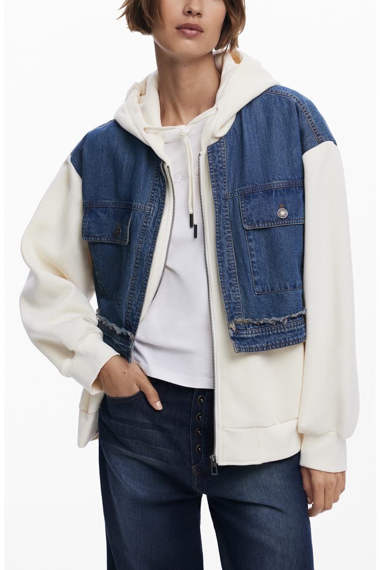 Denim Combo Full Zip Hoodie, Main, color, BEIGE