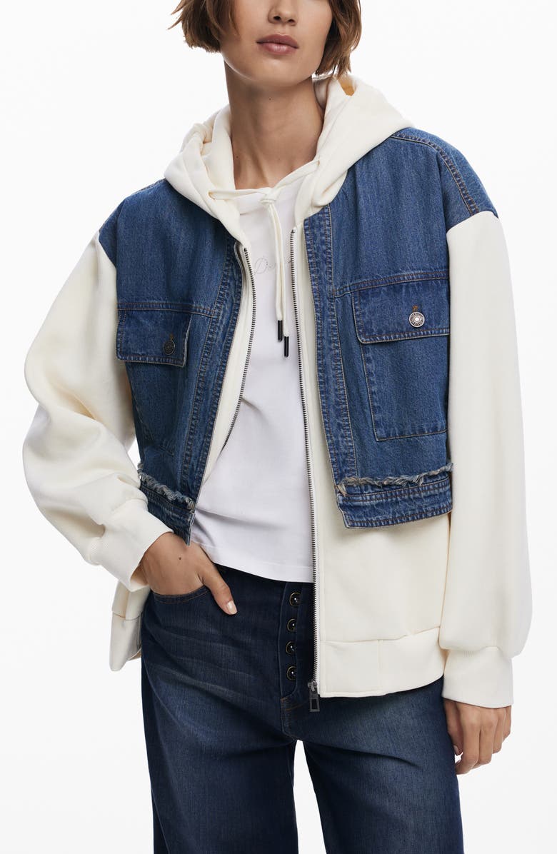 Desigual Denim Combo Full Zip Hoodie, Main, color, Beige