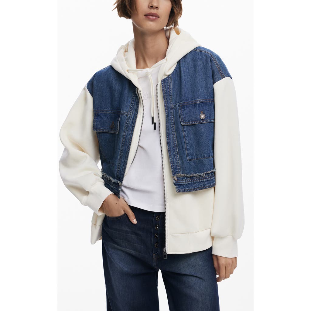Desigual Denim Combo Full Zip Hoodie In Blue