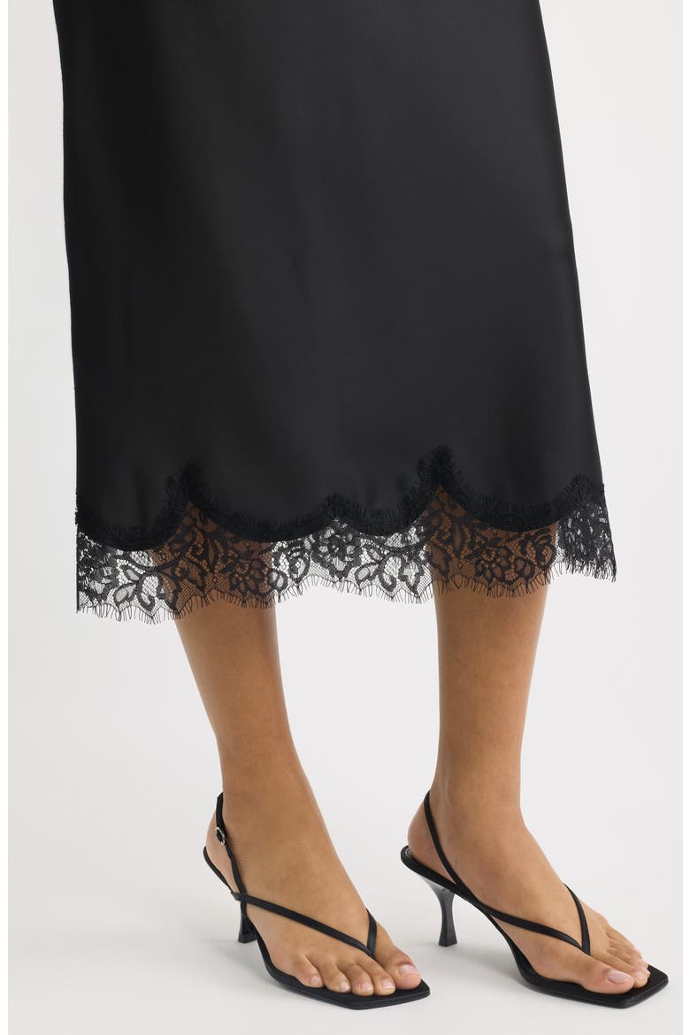 Lace Trim Satin Midi Skirt, Alternate, color, BLACK