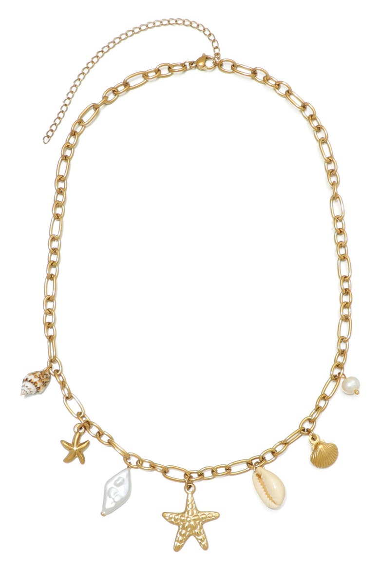 Freshwater Pearl & Assorted Shaker Charm Necklace, Main, color, GOLD/ WHITE