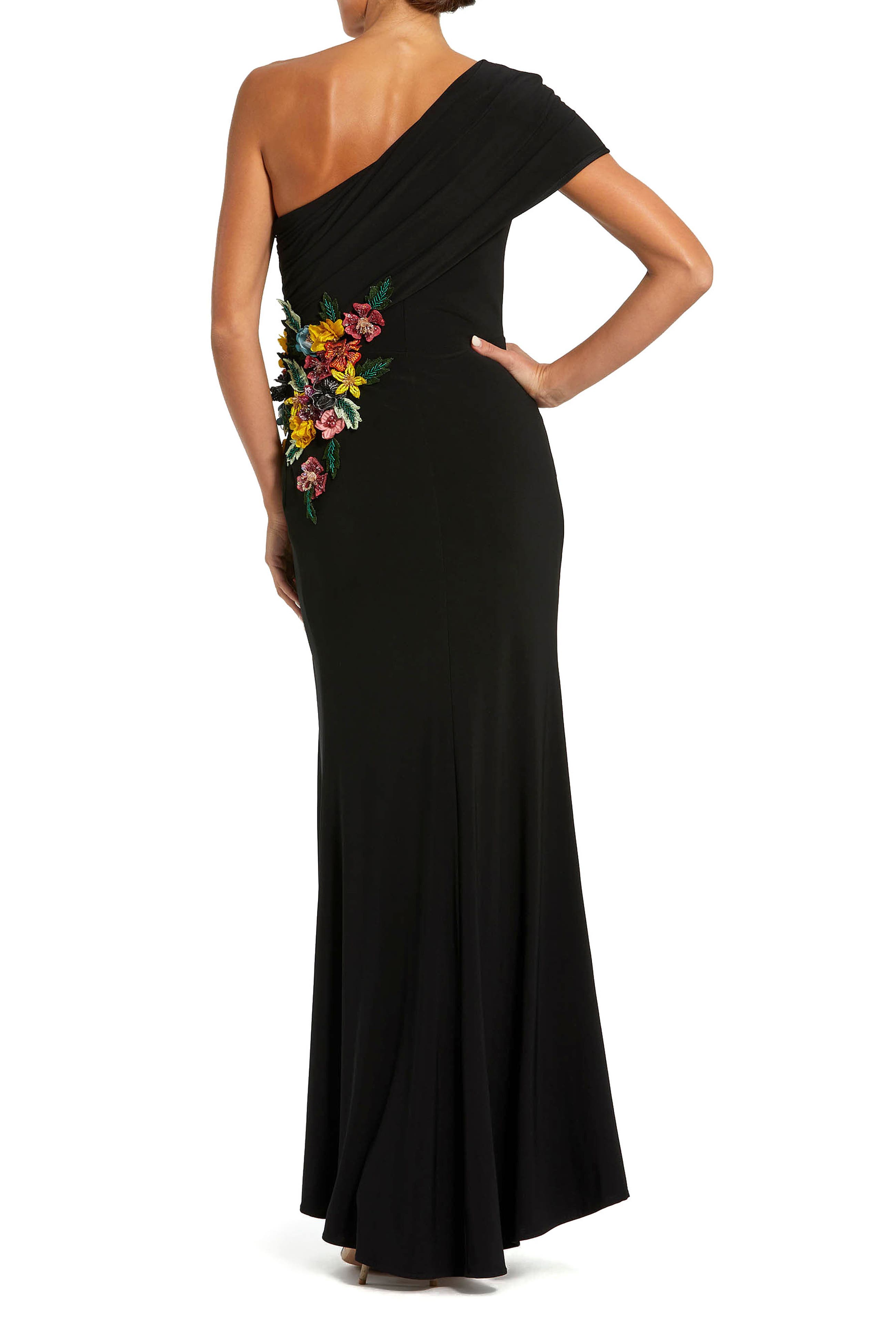 One Shoulder Jersey Gown with Beaded Floral Applique - image 2