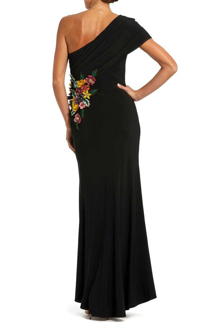 One Shoulder Jersey Gown with Beaded Floral Appliqué, Alternate, color, Black
