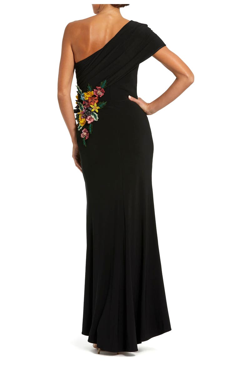 Mac Duggal One Shoulder Jersey Gown with Beaded Floral Appliqué, Alternate, color, Black