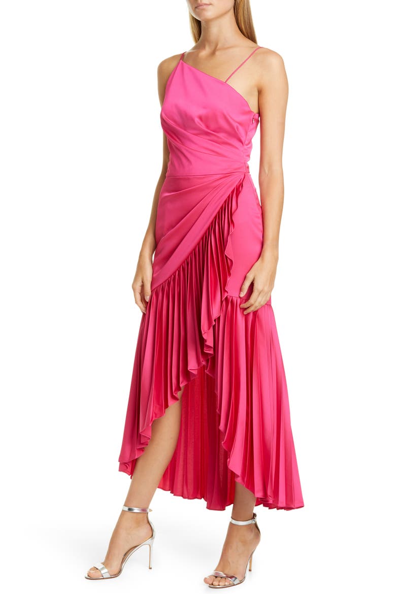 Izamal Asymmetrical High/Low Satin Cocktail Dress, Main, color, HOT PINK
