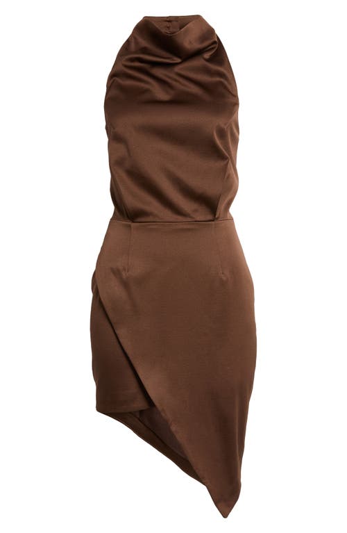 Elliatt Camo Asymmetric Satin Cocktail Dress In Brown