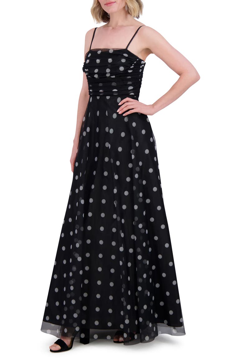 Polka Dot Ruched Chiffon Gown, Alternate, color, BLACK