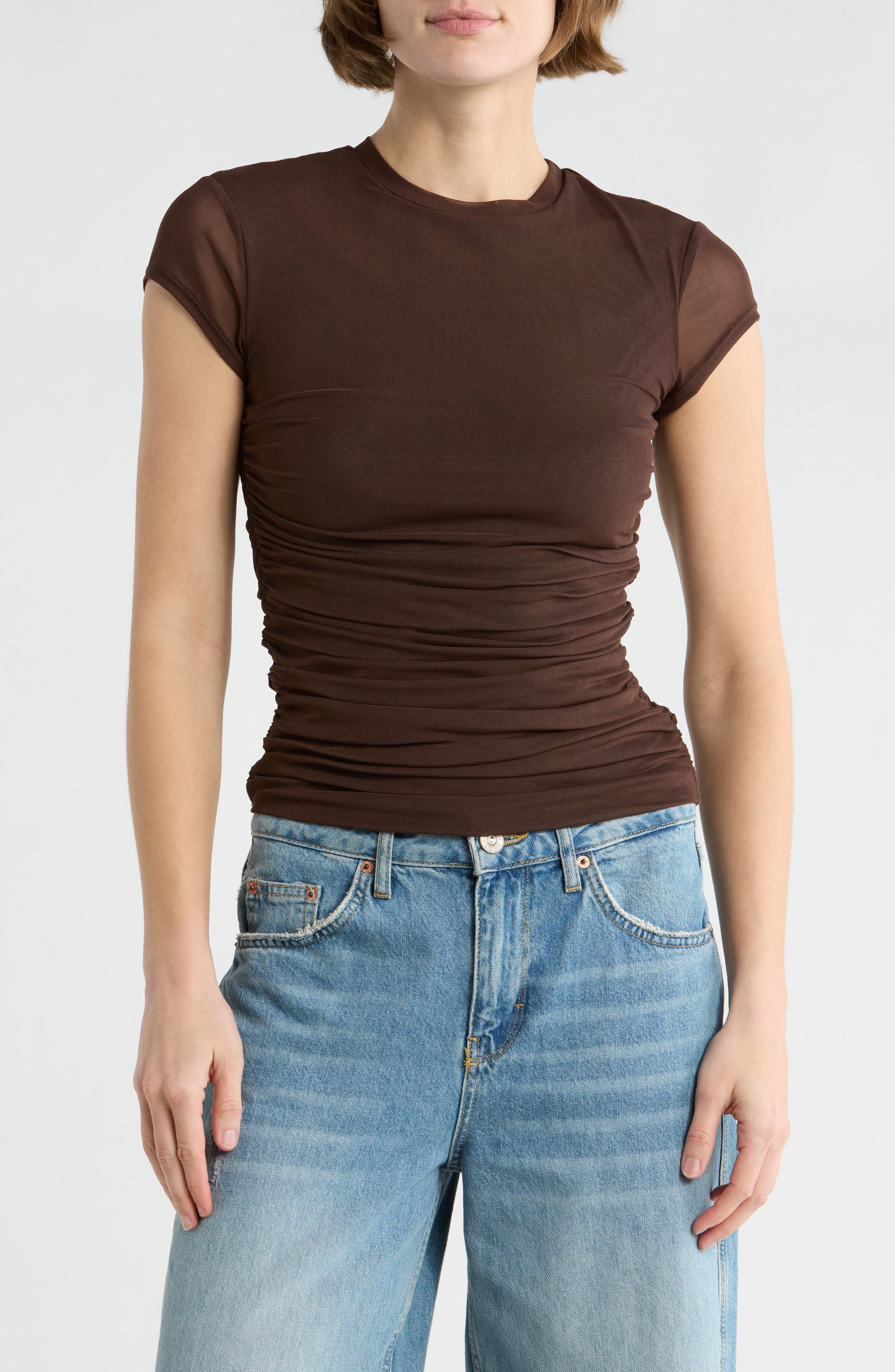 AFRM LOS ANGELES Lacey Cap Sleeve Ruched Mesh Top