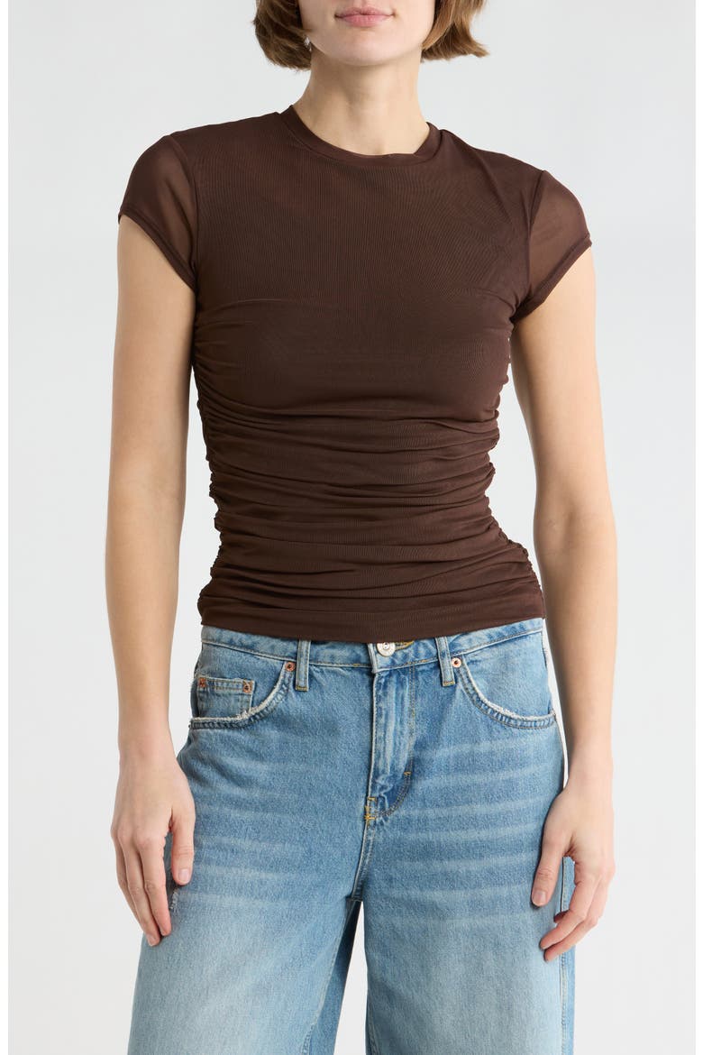 Lacey Cap Sleeve Ruched Mesh Top, Main, color, JAVA