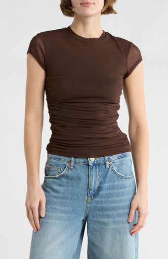 AFRM LOS ANGELES Lacey Cap Sleeve Ruched Mesh Top