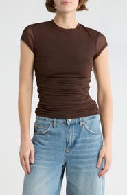 AFRM LOS ANGELES Lacey Cap Sleeve Ruched Mesh Top