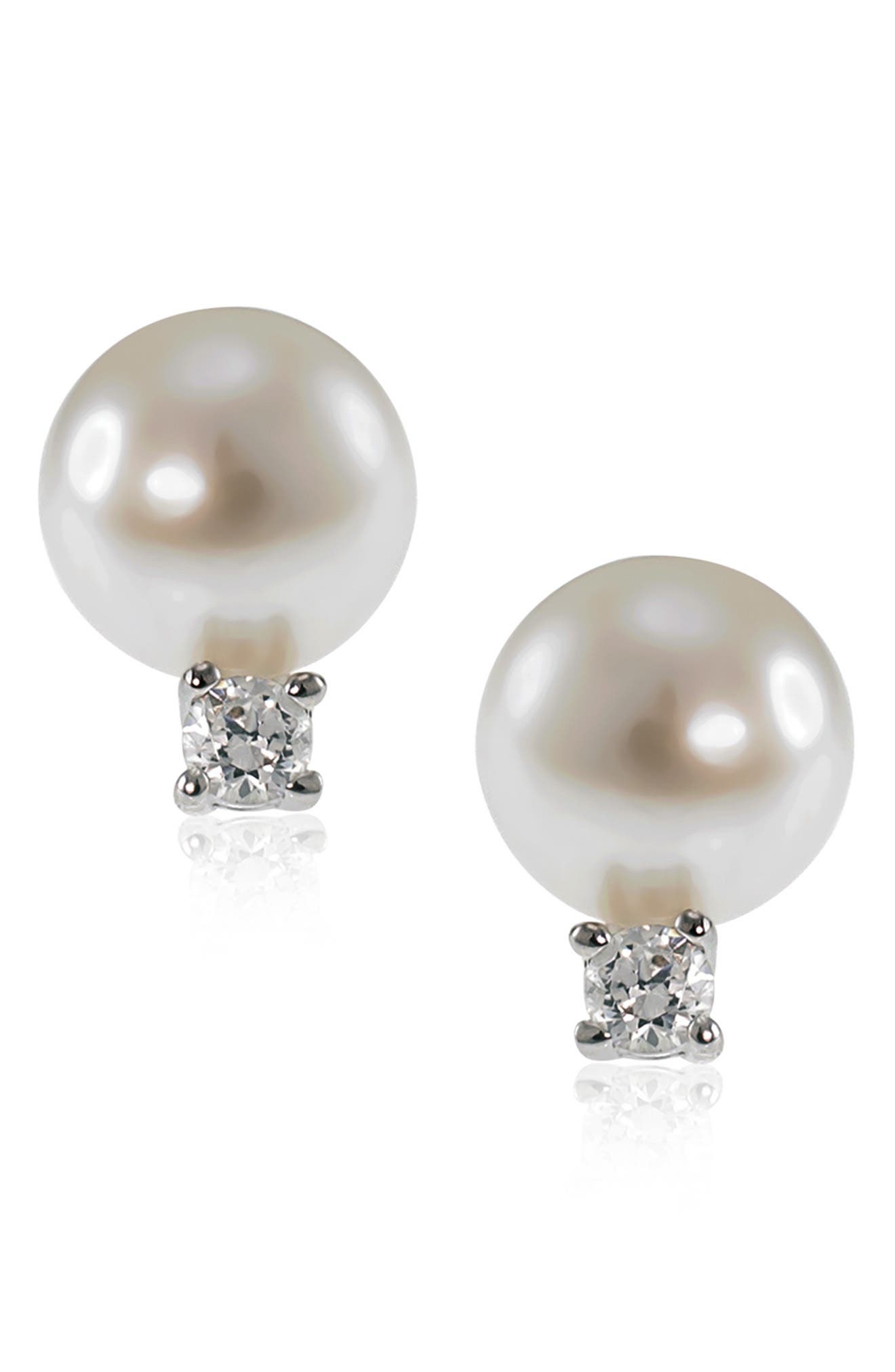 CZ by Kenneth Jay Lane 8mm Freshwater Pearl & CZ Stud Earrings in White/clear/silver 