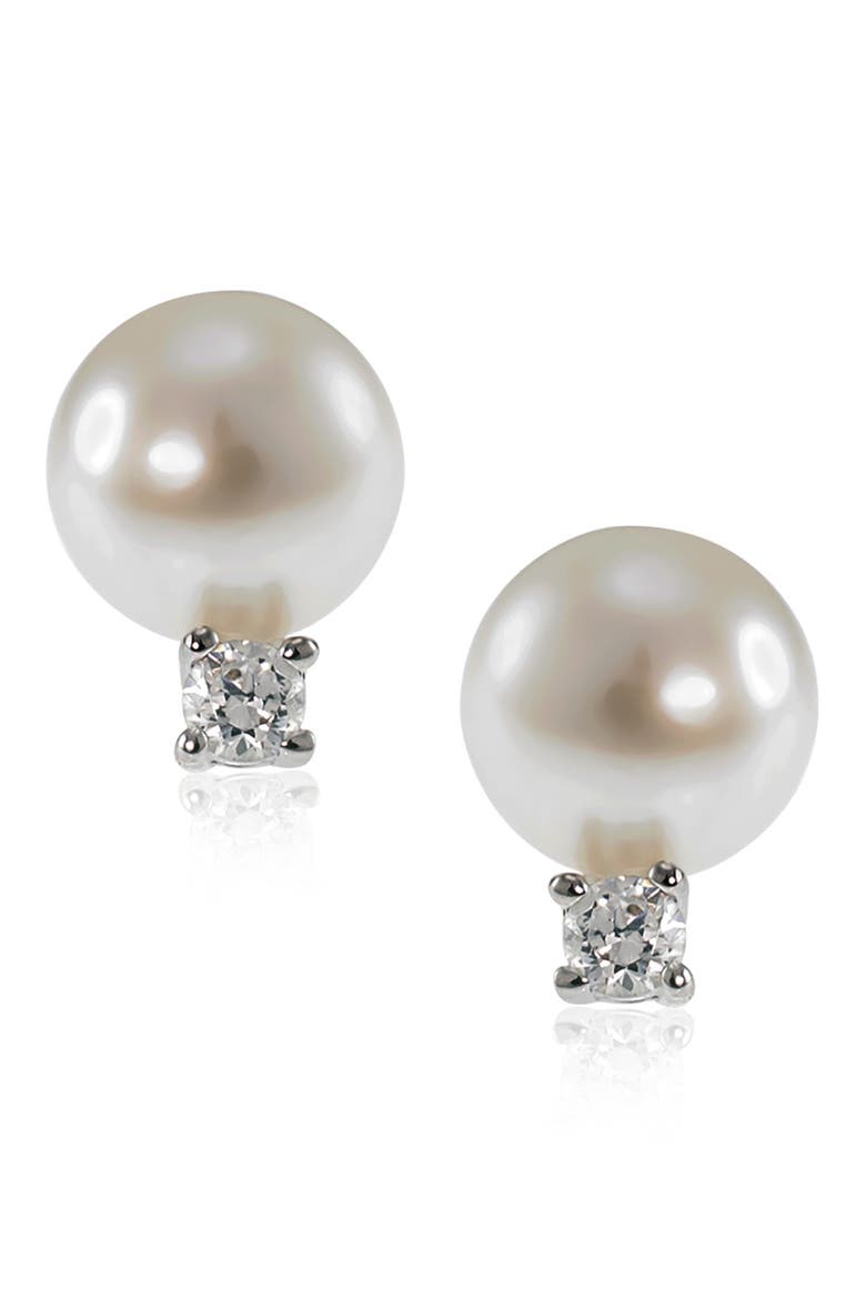 8mm Freshwater Pearl & CZ Stud Earrings, Main, color, WHITE/CLEAR/SILVER