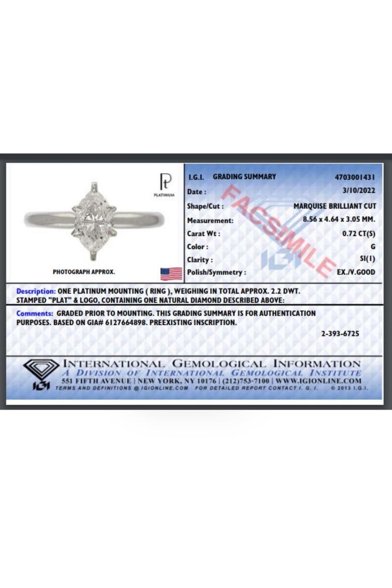 Platinum .72Ct Marquise Natural Certified Diamond Solitaire Engagement Ring, Alternate, color, Platinum