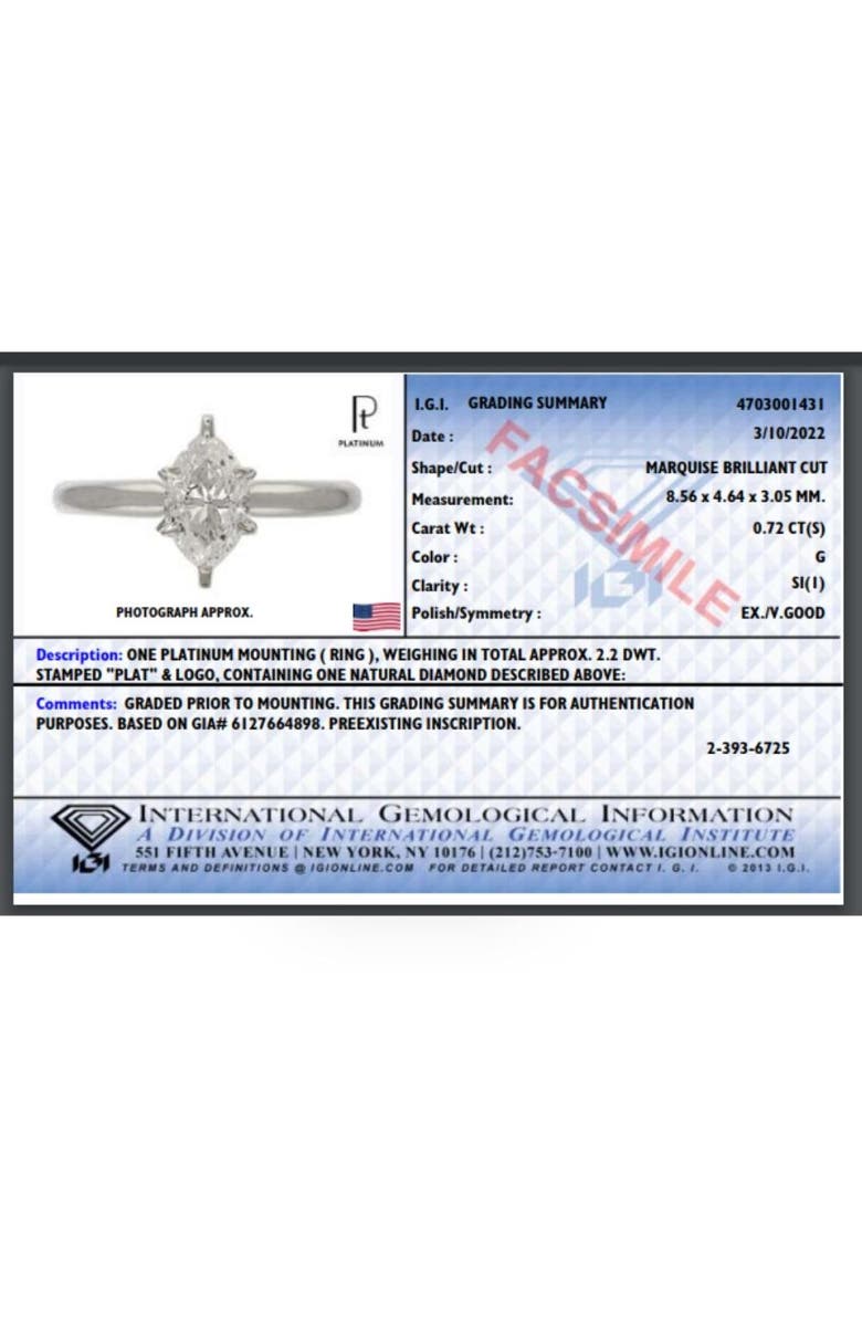 Bliss Diamond Platinum .72Ct Marquise Natural Certified Diamond Solitaire Engagement Ring, Alternate, color,