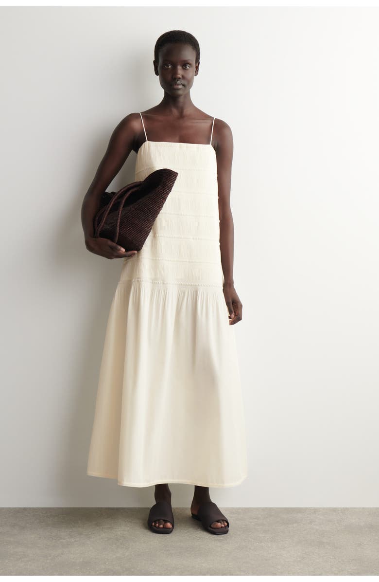 COS Ruched Dropped-waist Poplin Midi Dress, Main, color, Ivory