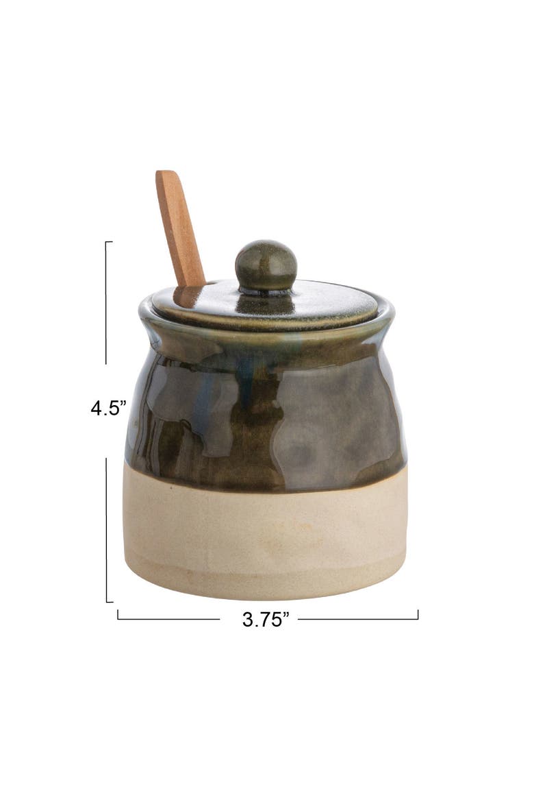 Stoneware Sugar Pot with Lid and Wood Spoon, Deep Green Glaze, Alternate, color, Green