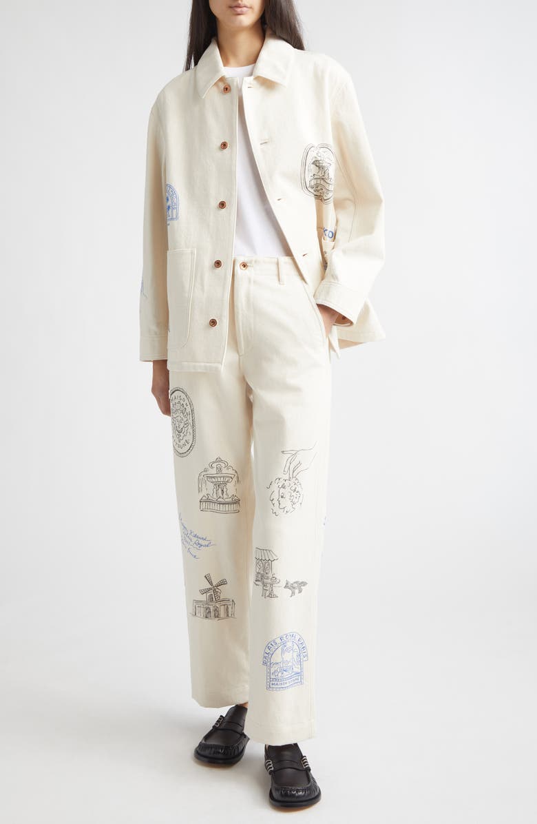 KURO x Maison Kitsuné Hand Painted Postcard Denim Chore Jacket, Alternate, color, Off White