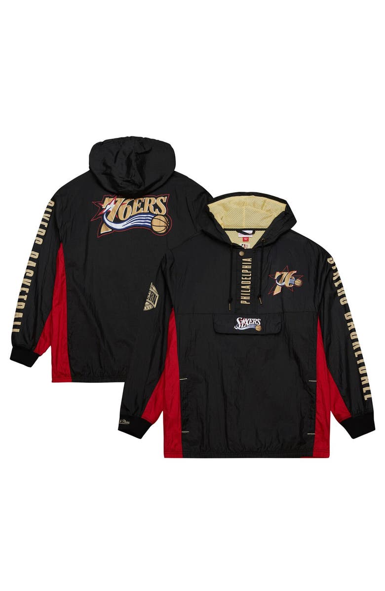 Mitchell & Ness Men's Mitchell & Ness Black Philadelphia 76ers Big & Tall Hardwood Classics Team OG 2.0 Anorak Hoodie Quarter-Zip Windbreaker Jacket, Main, color, Black