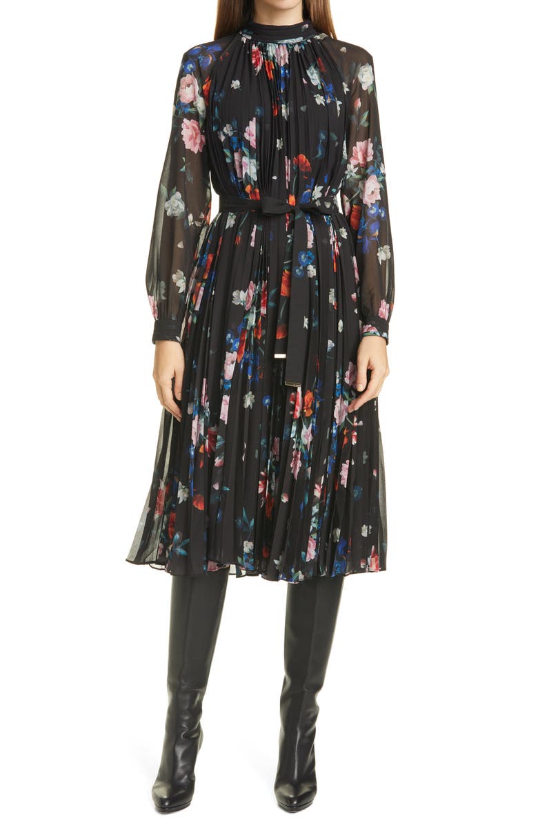 Ted Baker London Naniro Floral Pleated Long Sleeve Midi Dress, Main, color,