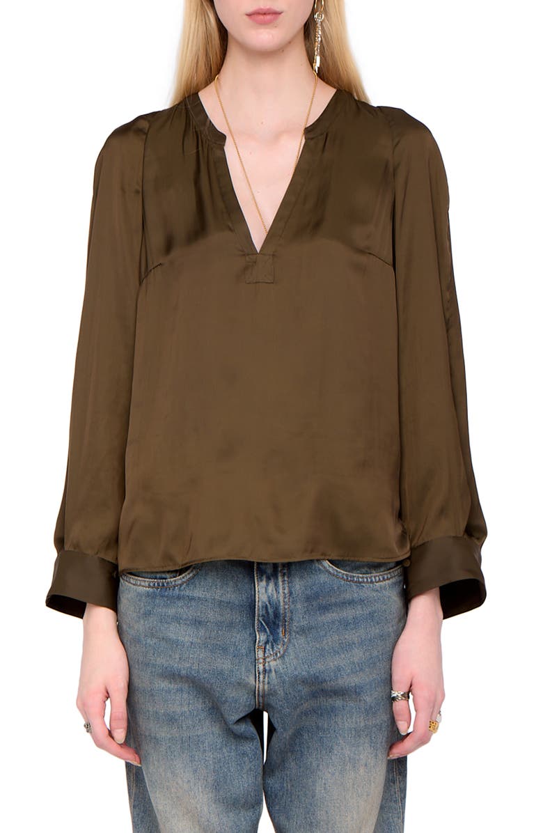 Zadig & Voltaire Torny Satin Split Neck Top, Main, color, Moss