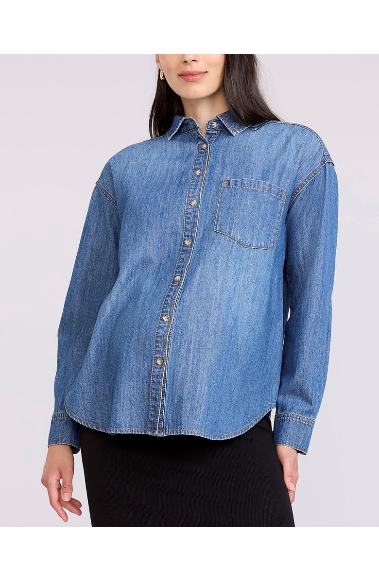 MOTHERHOOD MATERNITY Long Sleeve Button-Up Denim Shirt, Main, color, Medium Wash