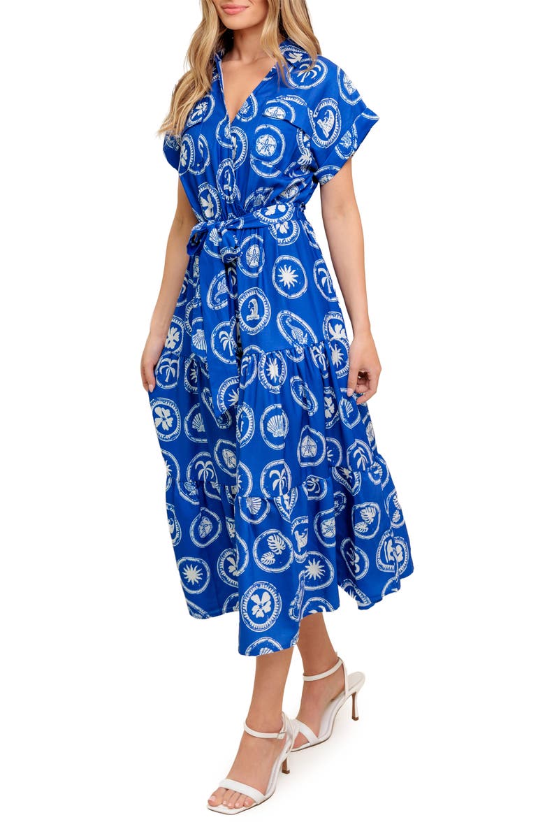 FLYING TOMATO Surplice Neck Midi Dress, Alternate, color, Blue/White