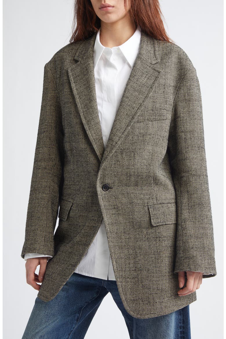 Oversize Ragged Houndstooth Linen & Virgin Wool Blazer, Alternate, color, KHAKI BLACK MINI HOUNDSTOOTH